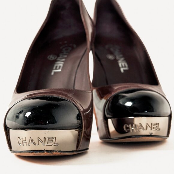 Chanel Brown Patent Leather Mirror Platform Pumps - Picture 7 of 10